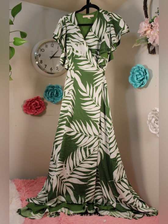 Hutch Dresses & Skirts - Ruche Green and White Palm-Print Wrap Maxi Dress